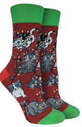 GOOD LUCK SOCK Brand Ladies CHRISTMAS LIGHTS CATS Socks - Novelty Socks And Slippers
