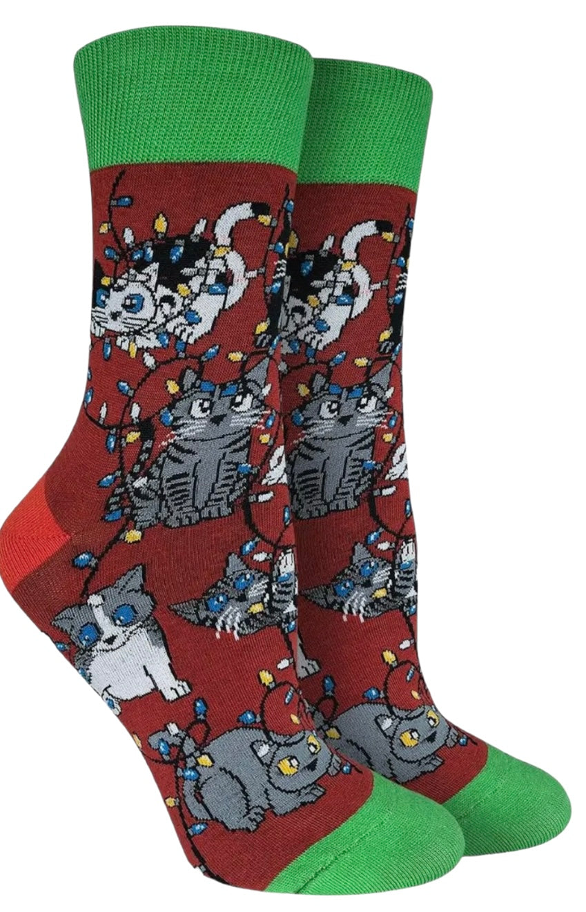 GOOD LUCK SOCK Brand Ladies CHRISTMAS LIGHTS CATS Socks - Novelty Socks And Slippers