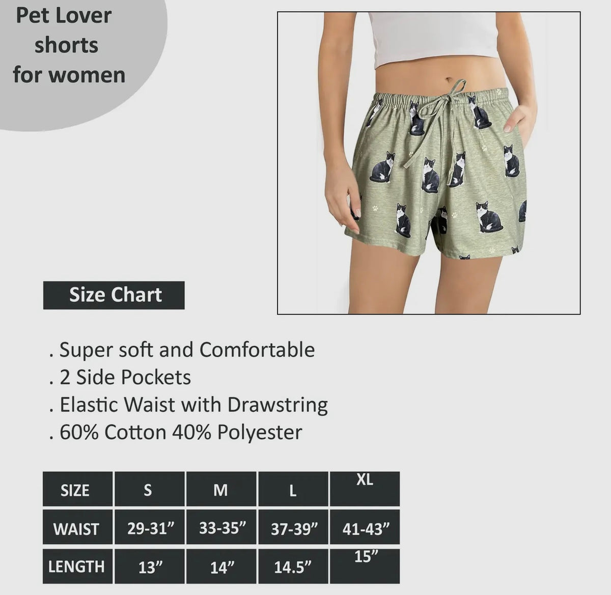 COMFIES LOUNGE PJ SHORTS Ladies BLACK & WHITE CAT By E&S PETS - Novelty Socks And Slippers