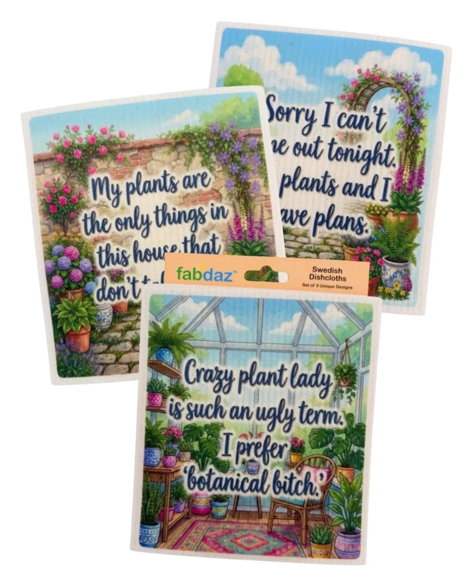 PLANT LOVER Set Of 3 Swedish Dishcloths ‘CRAZY PLANT LADY IS AN UGLY TERM, I PREFER BOTANICAL BITCH’
