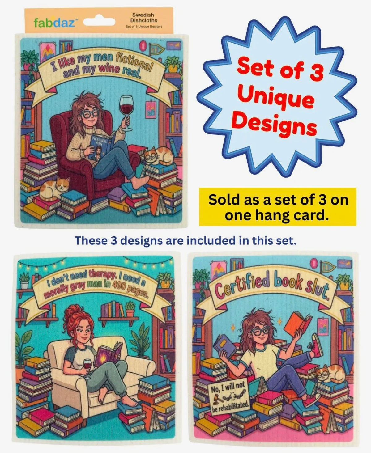 ROMANCE BOOK LOVER Set Of 3 Swedish Dishcloths ‘I Like My Men Fictional & My Wine Real’