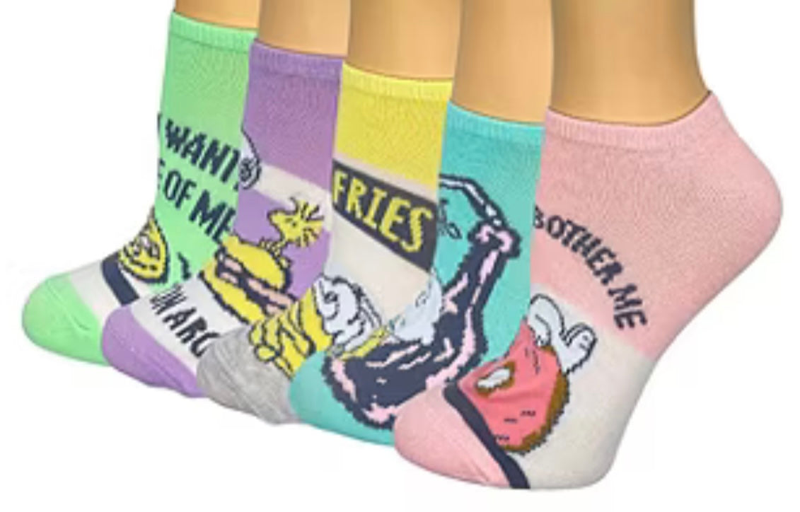 PEANUTS Ladies 5 Pair Of No Show Socks SNOOPY, LUCY & CHARLIE BROWN ‘TIME FRIES’ With FRENCH FRIES - Novelty Socks And Slippers