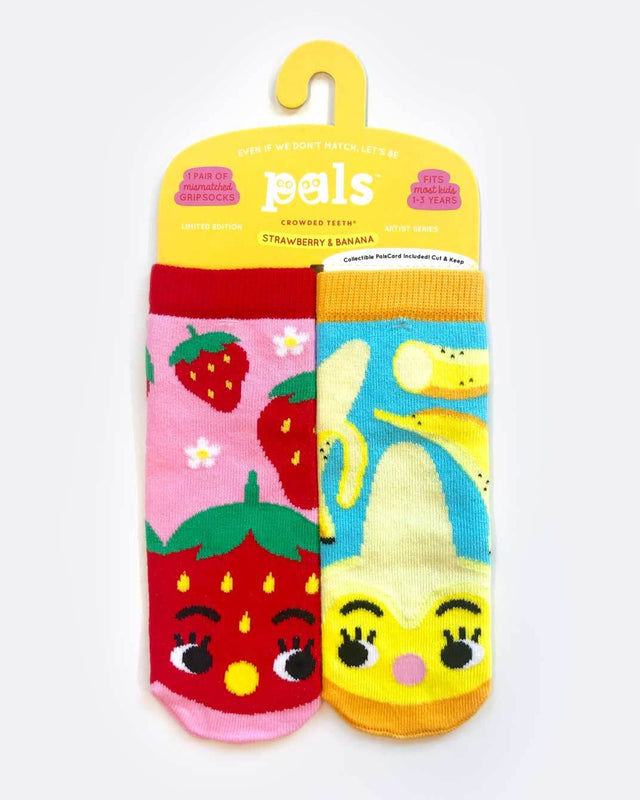 STRAWBERRY & BANANA Unisex Toddler Mismatched Gripper Bottom Socks PALS SOCKS Brand - Novelty Socks And Slippers