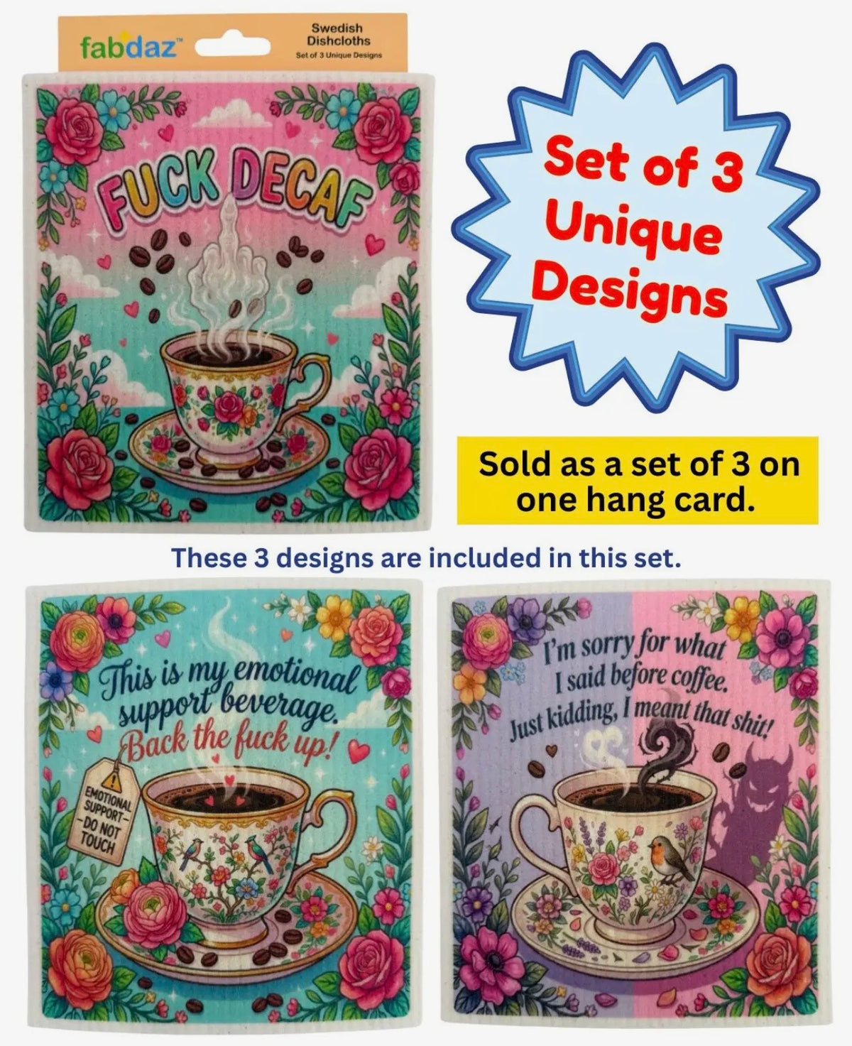 FUNNY COFFEE SAYINGS Set Of 3 Swedish Dishcloths ‘FUCK DECAF’ Steam Middle Finger