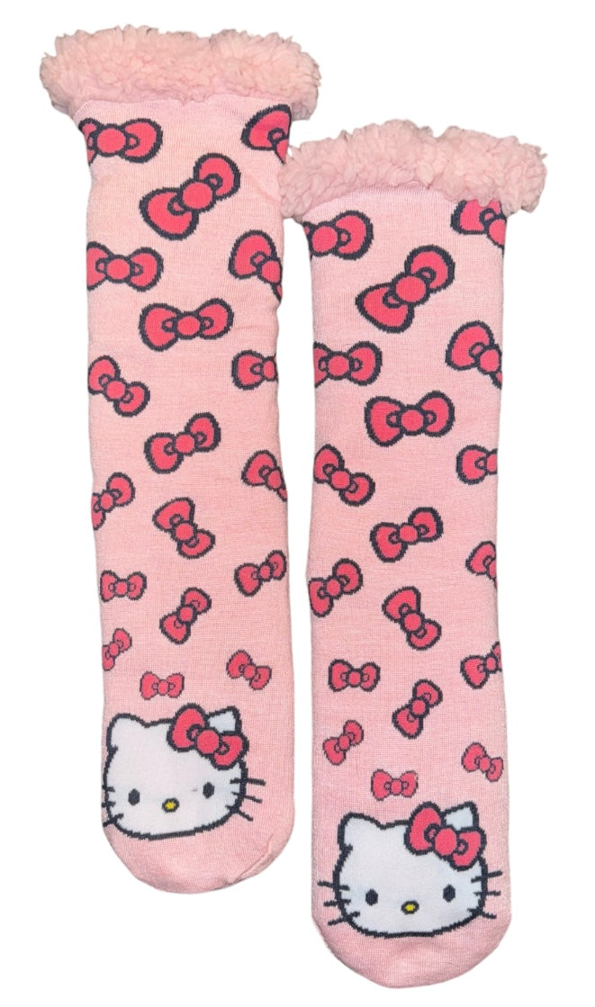 SANRIO HELLO KITTY Ladies Sherpa Lined Gripper Bottom Slipper Socks With Hello Kitty Bows All Over - Novelty Socks And Slippers