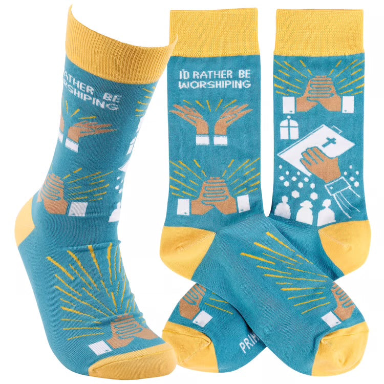 I’D RATHER BE WORSHIPING Adult Unisex Religious Socks Primitives By Kathy Brand - Novelty Socks And Slippers