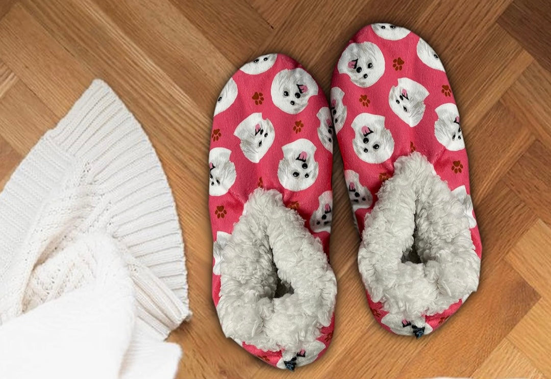 COMFIES BRAND Ladies MALTESE DOG NON-SKID SLIPPERS - Novelty Socks And Slippers
