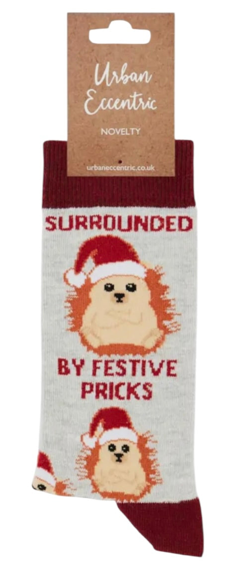 URBAN ECCENTRIC Unisex Hedgehog Christmas Socks ‘SURROUNDED BY FESTIVE PRICKS’ - Novelty Socks And Slippers