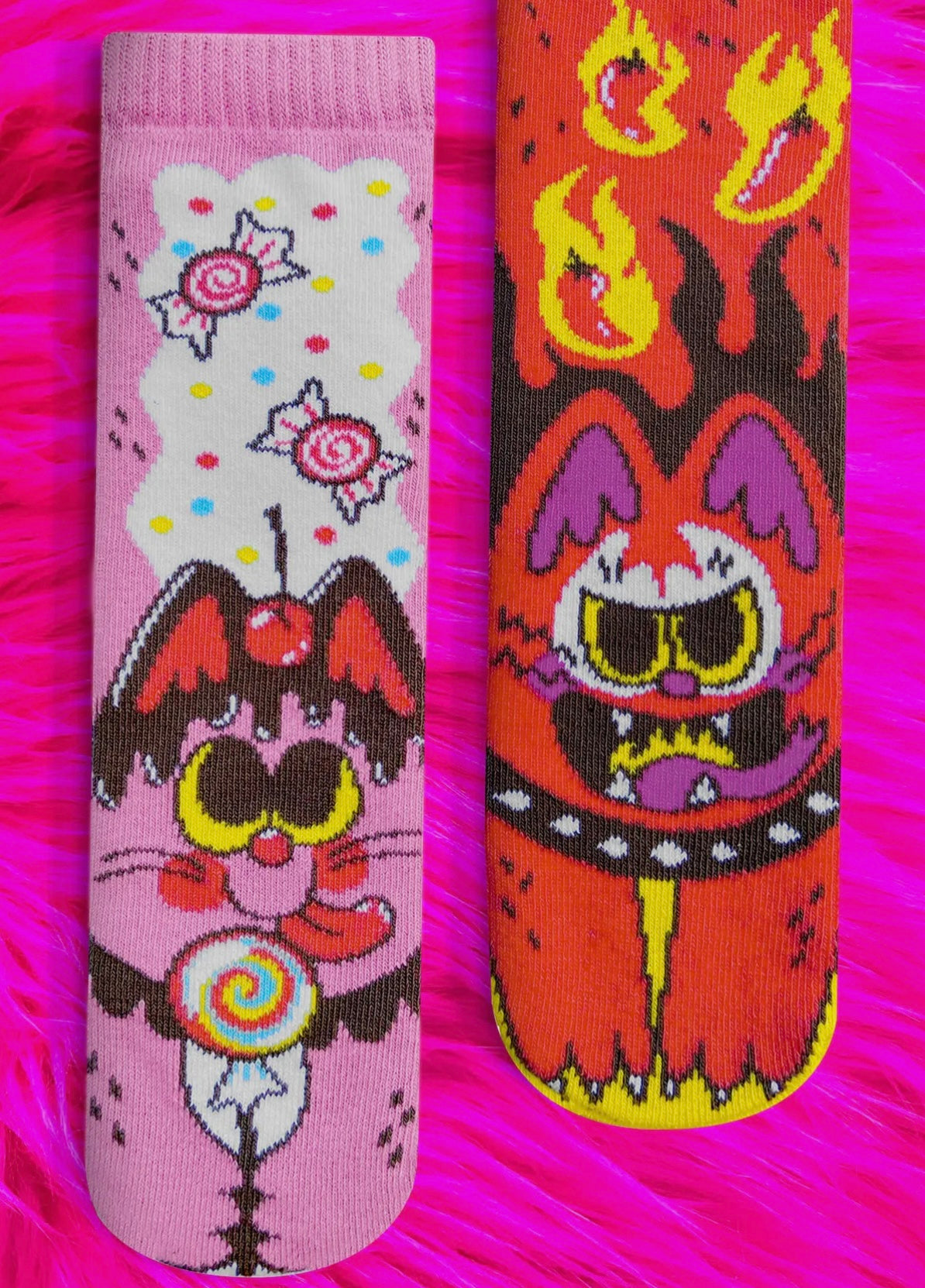 PALS SOCKS Brand Unisex Toddler & Kids CAT Mismatched Gripper Bottom Socks ‘PURRTY SWEET & FELINE SPICY (Choose Size) - Novelty Socks And Slippers
