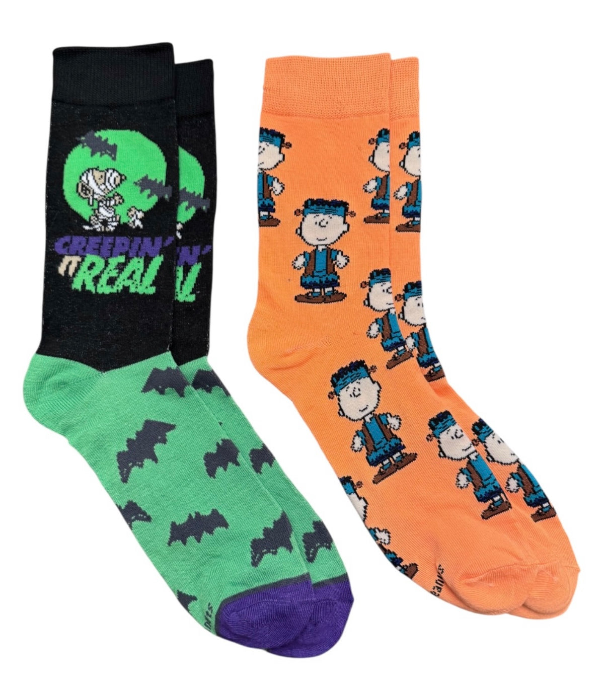 PEANUTS Men’s HALLOWEEN 2 Pair Of Socks Charlie Brown As Frankenstein ‘CREEPIN IN REAL’ - Novelty Socks And Slippers