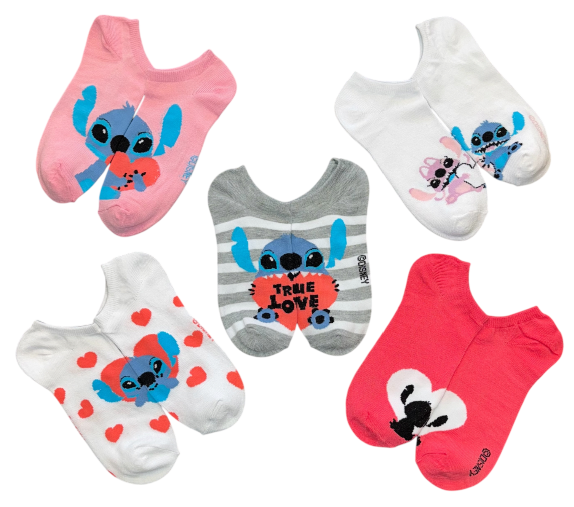 DISNEY LILO & STITCH Ladies VALENTINES DAY 5 Pair Of No Show Socks ‘TRUE LOVE’ - Novelty Socks And Slippers