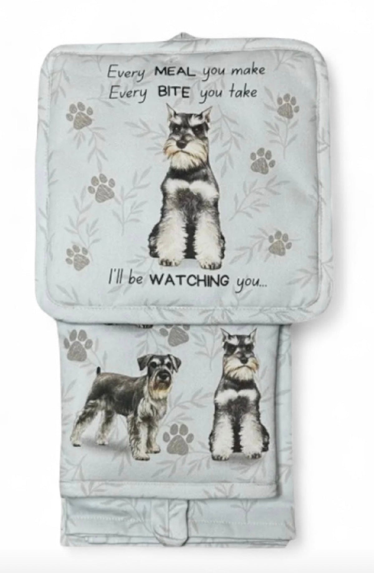 DOG & CAT 3 Piece Oven Mitt & Tea Towel Set By E&S Pets (CHOOSE BREED) - Novelty Socks And Slippers