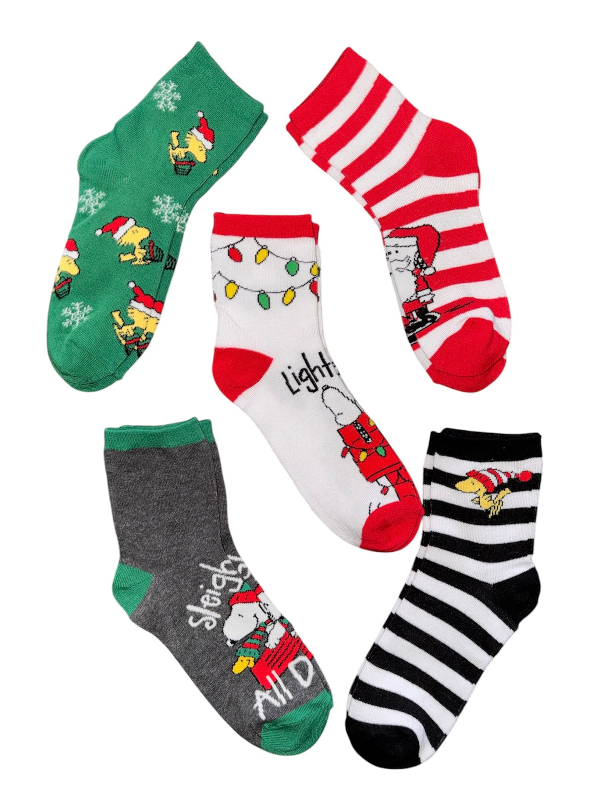PEANUTS Ladies 5 Pair Of SNOOPY CHRISTMAS Socks With WOODSTOCK