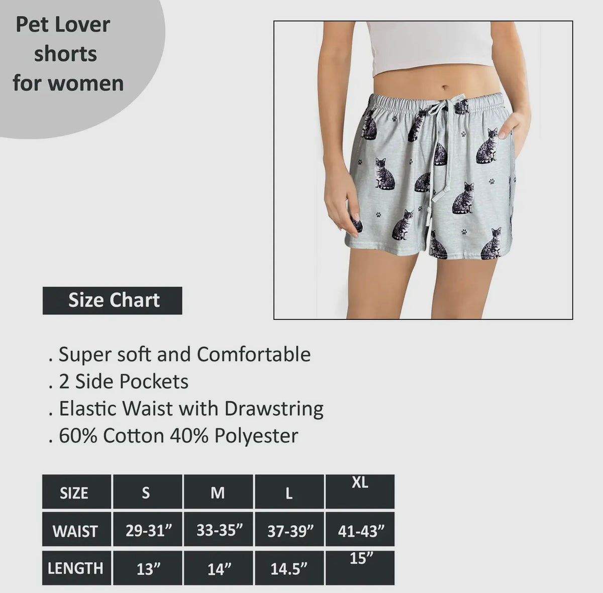 COMFIES Brand LOUNGE PJ SHORTS Ladies SILVER/GRAY TABBY CAT By E&S PETS - Novelty Socks And Slippers