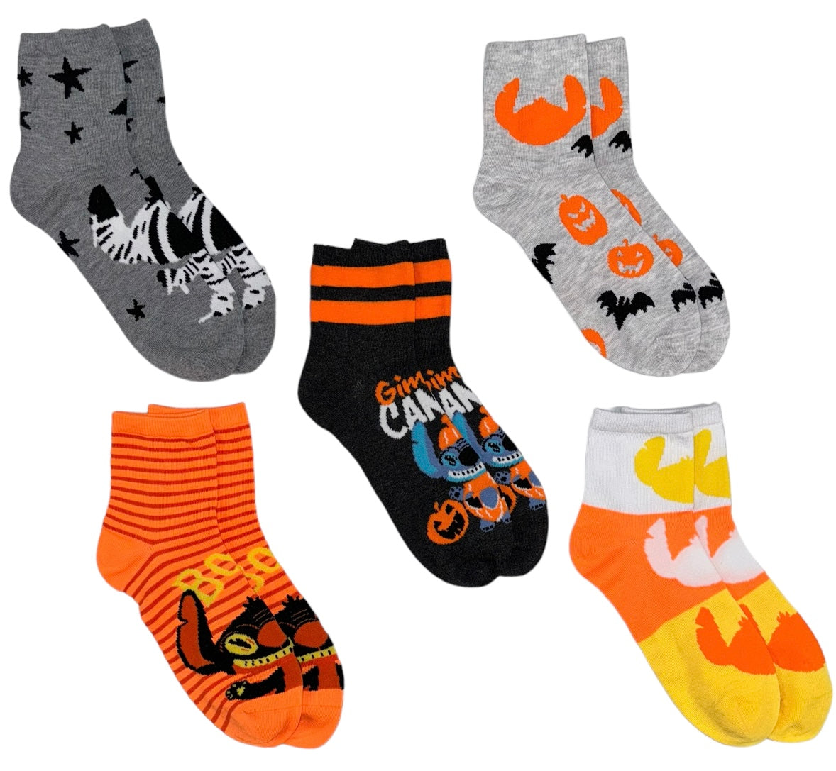 DISNEY LILO & STITCH HALLOWEEN 5 PAIR OF CAPRI SOCKS ‘GIMME CANDY’ - Novelty Socks And Slippers