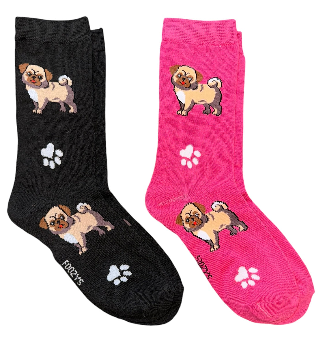 FOOZYS BRAND Ladies 2 Pair PUG DOG & PAW PRINTS Socks - Novelty Socks And Slippers