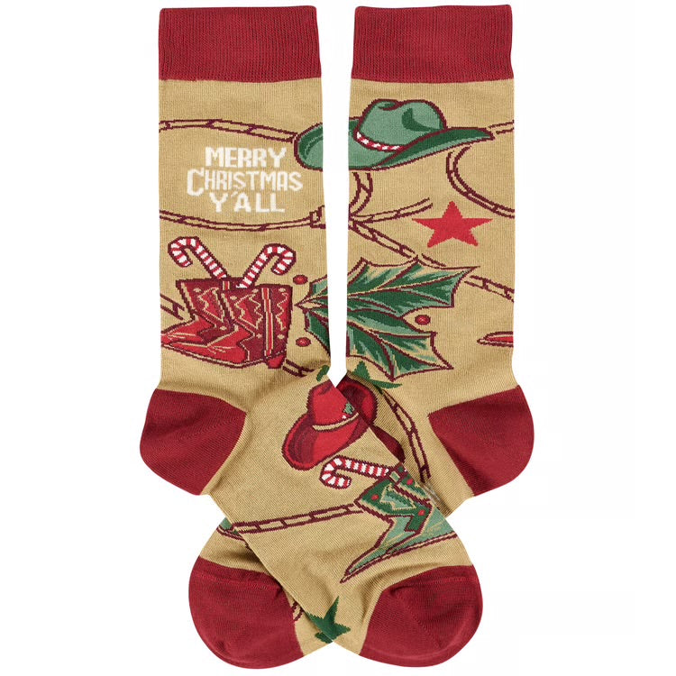 MERRY CHRISTMAS Y’ALL Adult Unisex Socks PRIMITIVES BY KATHY Brand - Novelty Socks And Slippers