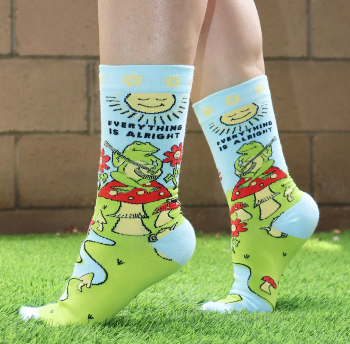 GROOVY THINGS Brand Ladies FROG PLAYING GUITAR Socks ‘EVERYTHING IS ALRIGHT’ - Novelty Socks And Slippers