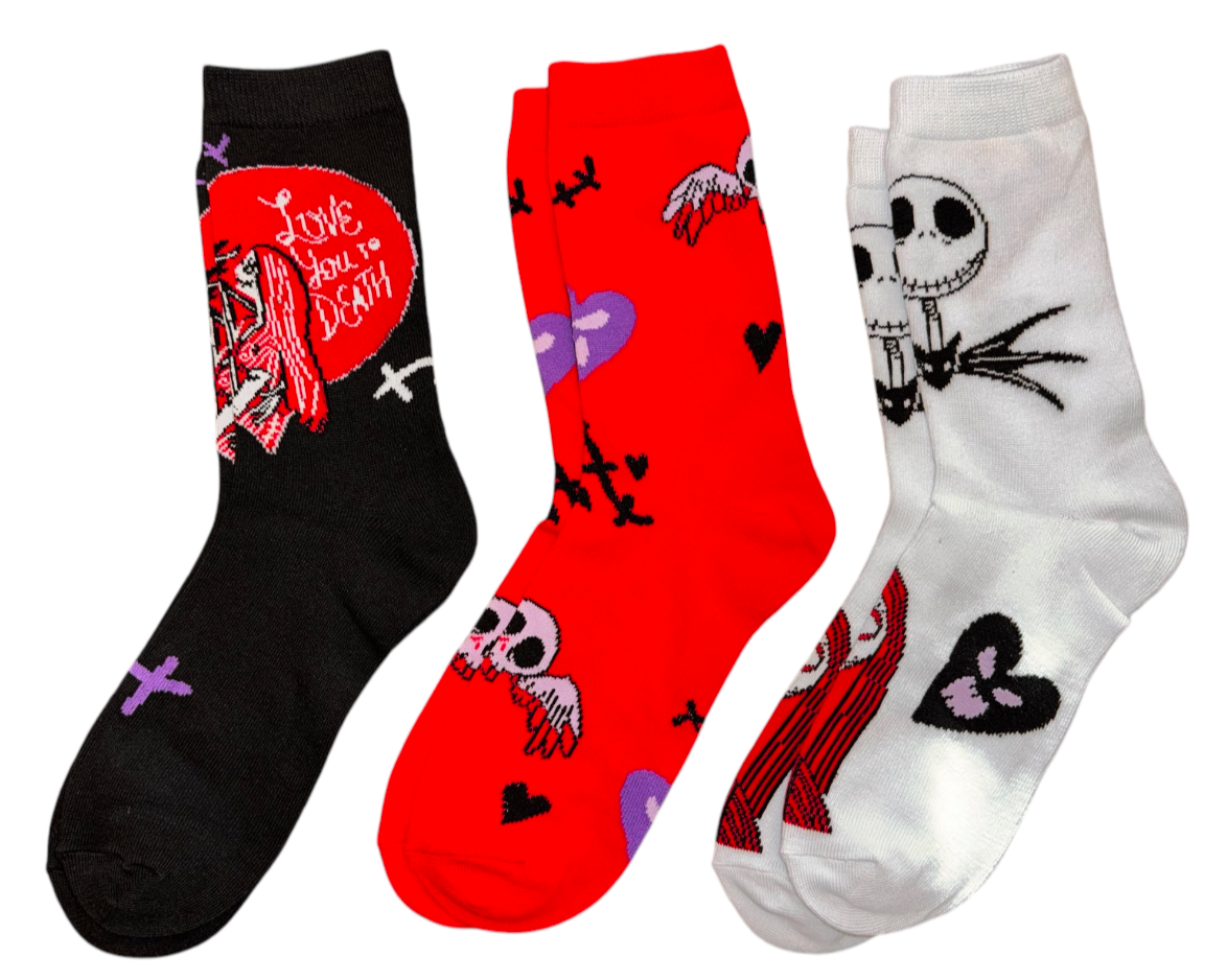 DISNEY THE NIGHTMARE BEFORE CHRISTMAS LADIES VALENTINES DAY 3 PAIR OF SOCKS ‘LOVE YOU TO DEATH’ - Novelty Socks And Slippers