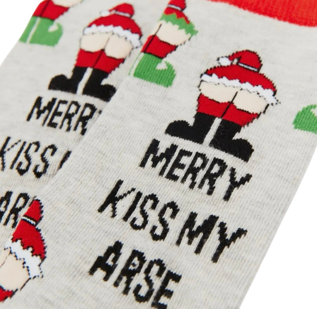 URBAN ECCENTRIC Brand Unisex SANTA MOONING Christmas Socks ‘MERRY KISS MY ARSE’ - Novelty Socks And Slippers
