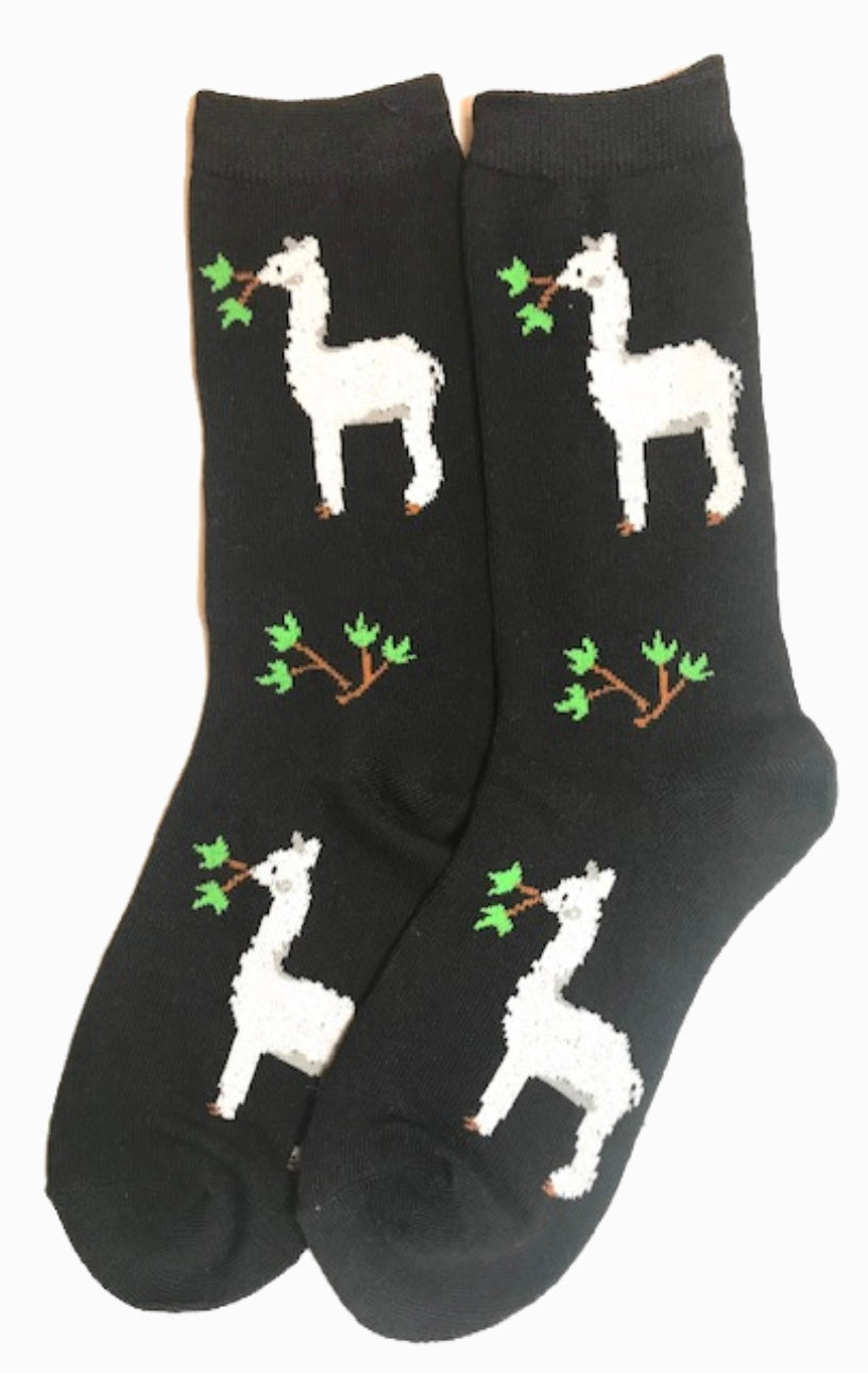 FOOZYS Brand Ladies LLAMA Socks Black With LLAMAS - Novelty Socks And Slippers
