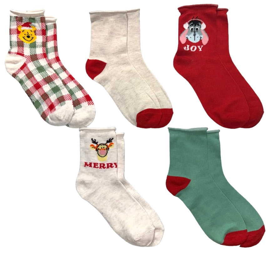 DISNEY Ladies WINNIE THE POOH 5 Pair Of CHRISTMAS Socks TIGGER, EYEORE - Novelty Socks And Slippers