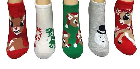 RUDOLPH THE RED NOSED REINDEER Ladies 5 Pair Of No Show Socks CLARICE & SAM THE SNOWMAN - Novelty Socks And Slippers