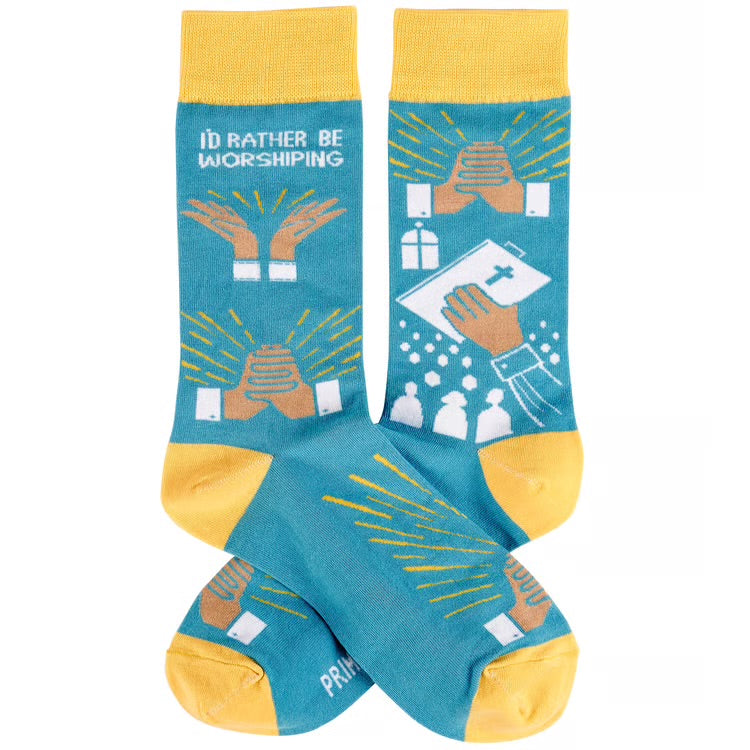 I’D RATHER BE WORSHIPING Adult Unisex Religious Socks Primitives By Kathy Brand - Novelty Socks And Slippers