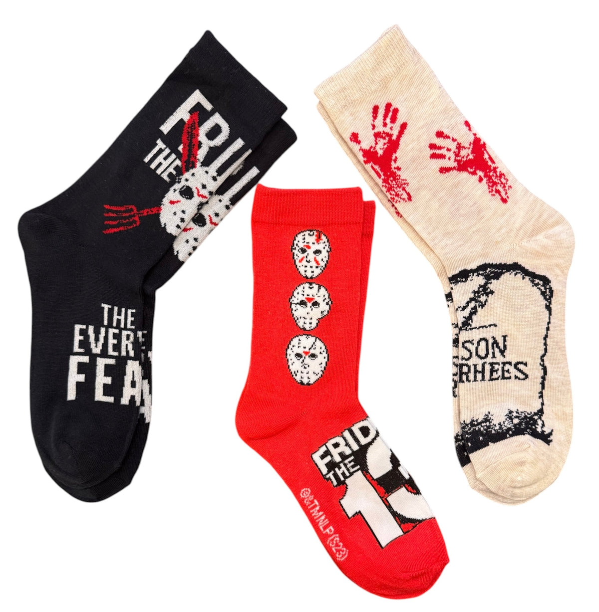FRIDAY THE 13th LADIES JASON VOORHEES HALLOWEEN 3 PAIR OF SOCKS ‘CAMP CRYSTAL LAKE’ (Choose Style)