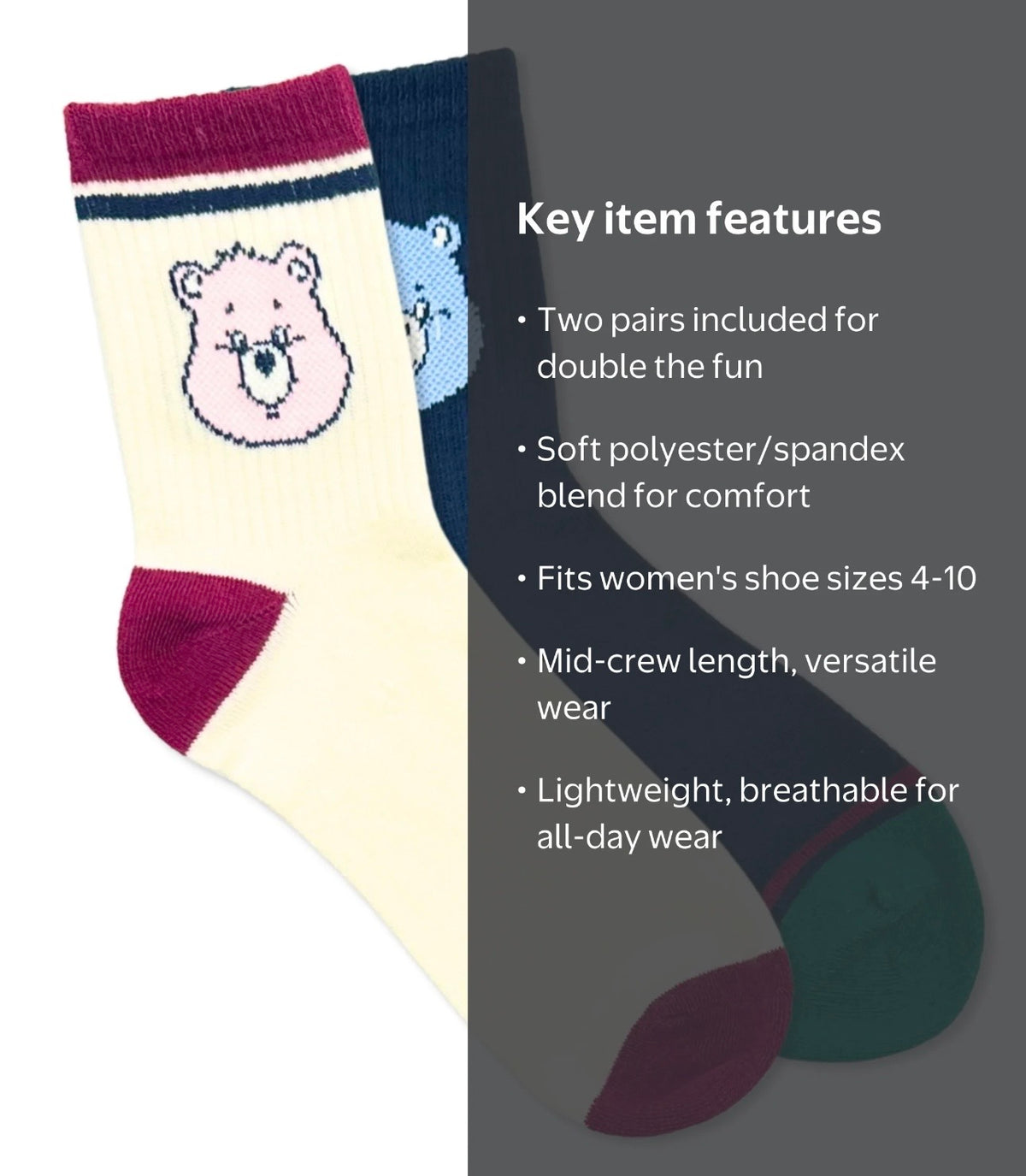 CARE BEARS Ladies 2 Pair Of Crew Socks Grumpy Bear & Cheer Bear