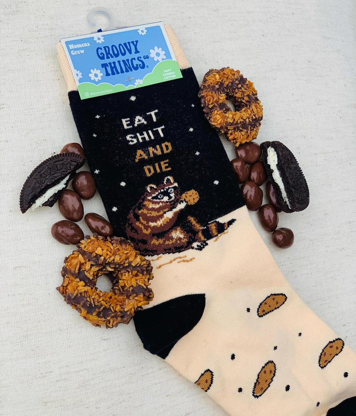 GROOVY THINGS Co. Brand Ladies RACOON Socks ‘EAT SHIT & DIE’ - Novelty Socks And Slippers