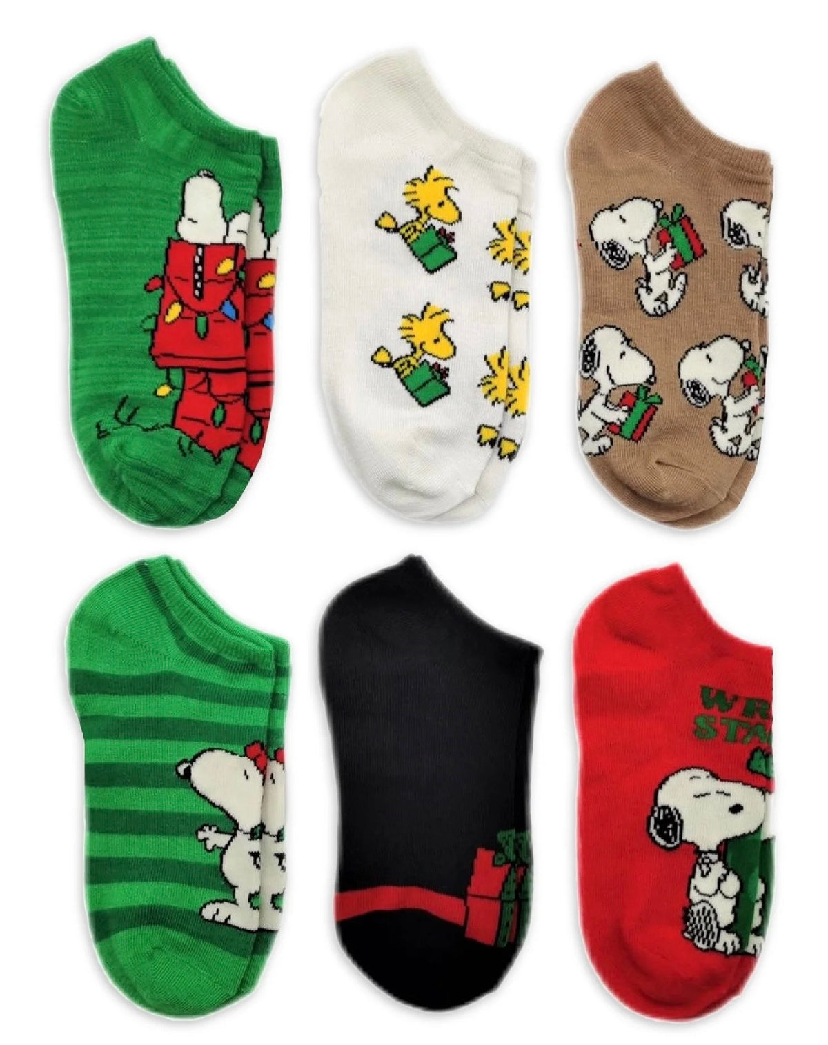 PEANUTS Ladies 6 Pair Of CHRISTMAS No Show Socks Snoopy ‘Wrap Star’