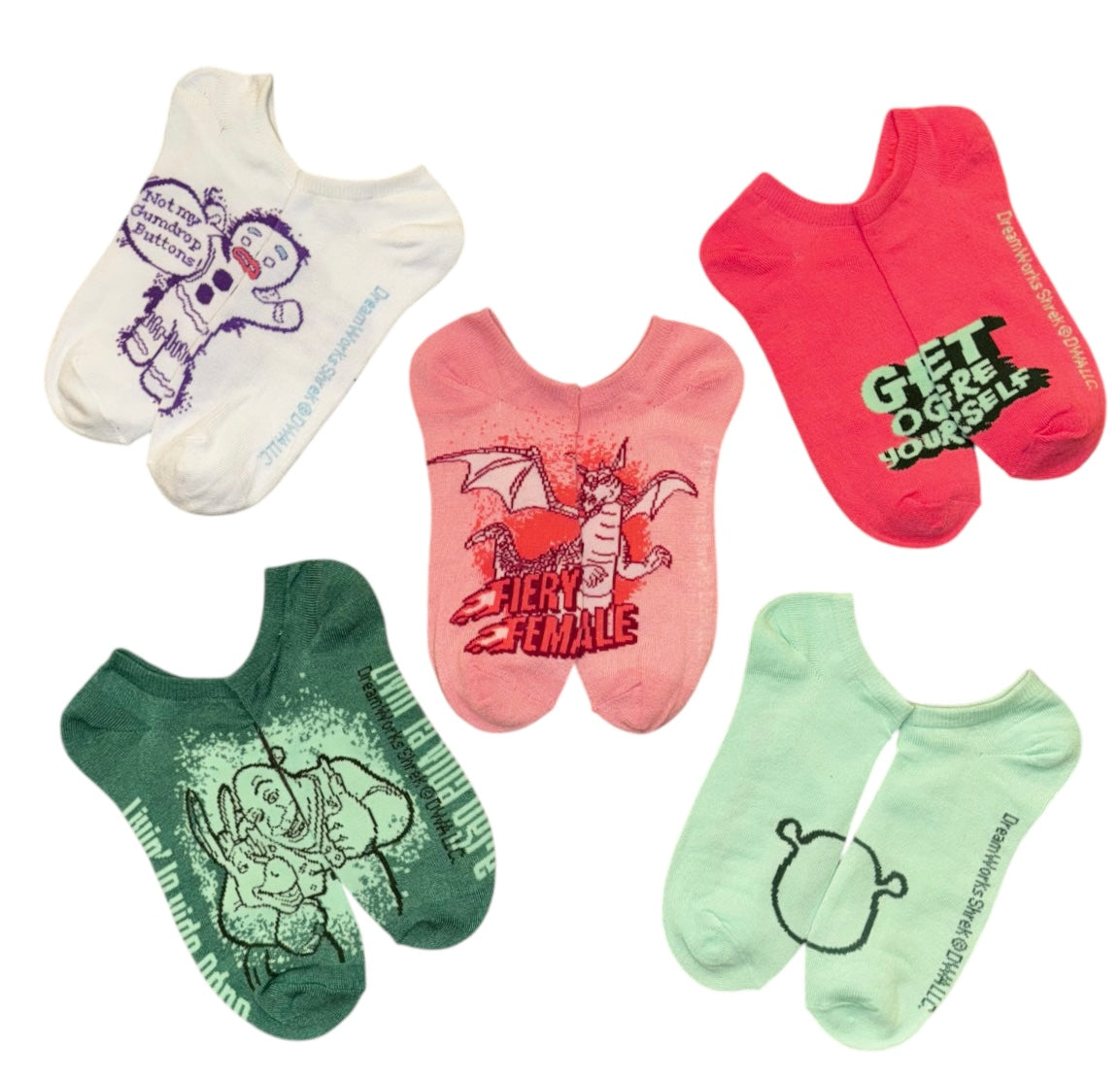 SHREK The Movie Ladies 5 Pair Of No Show Socks With DRAGON ‘FIERY FEMALE’ - Novelty Socks And Slippers
