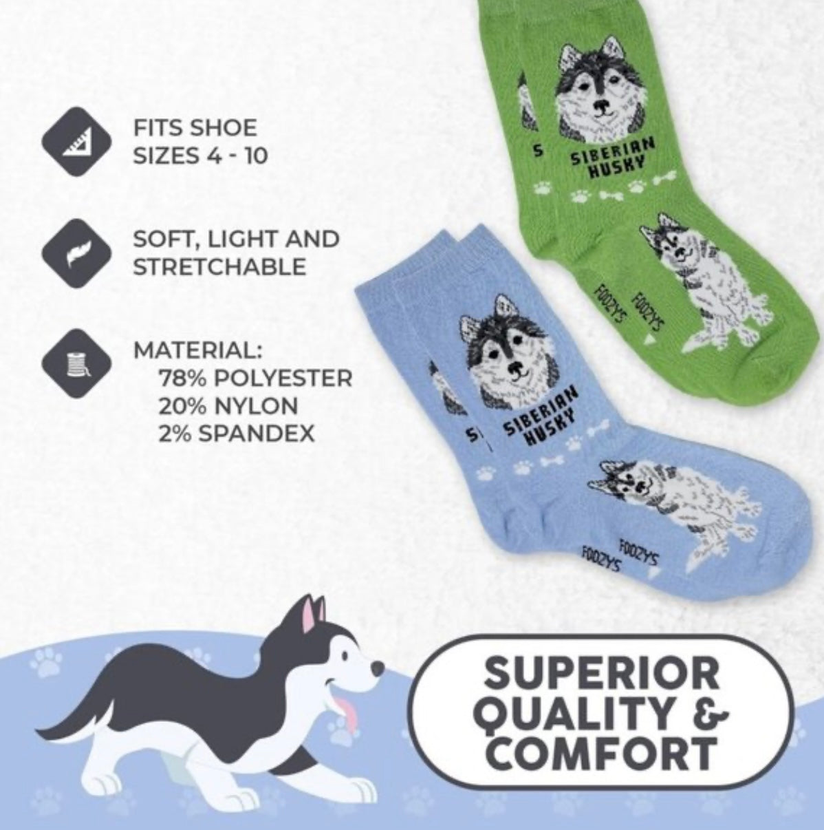 FOOZYS Brand Ladies 2 Pair Of SIBERIAN HUSKY Socks - Novelty Socks And Slippers