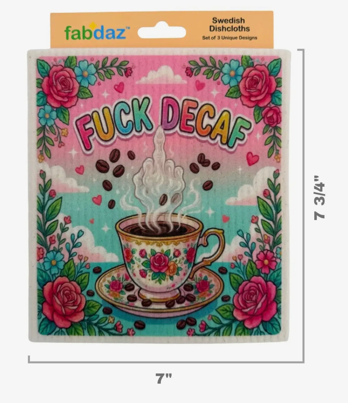 FUNNY COFFEE SAYINGS Set Of 3 Swedish Dishcloths ‘FUCK DECAF’ Steam Middle Finger