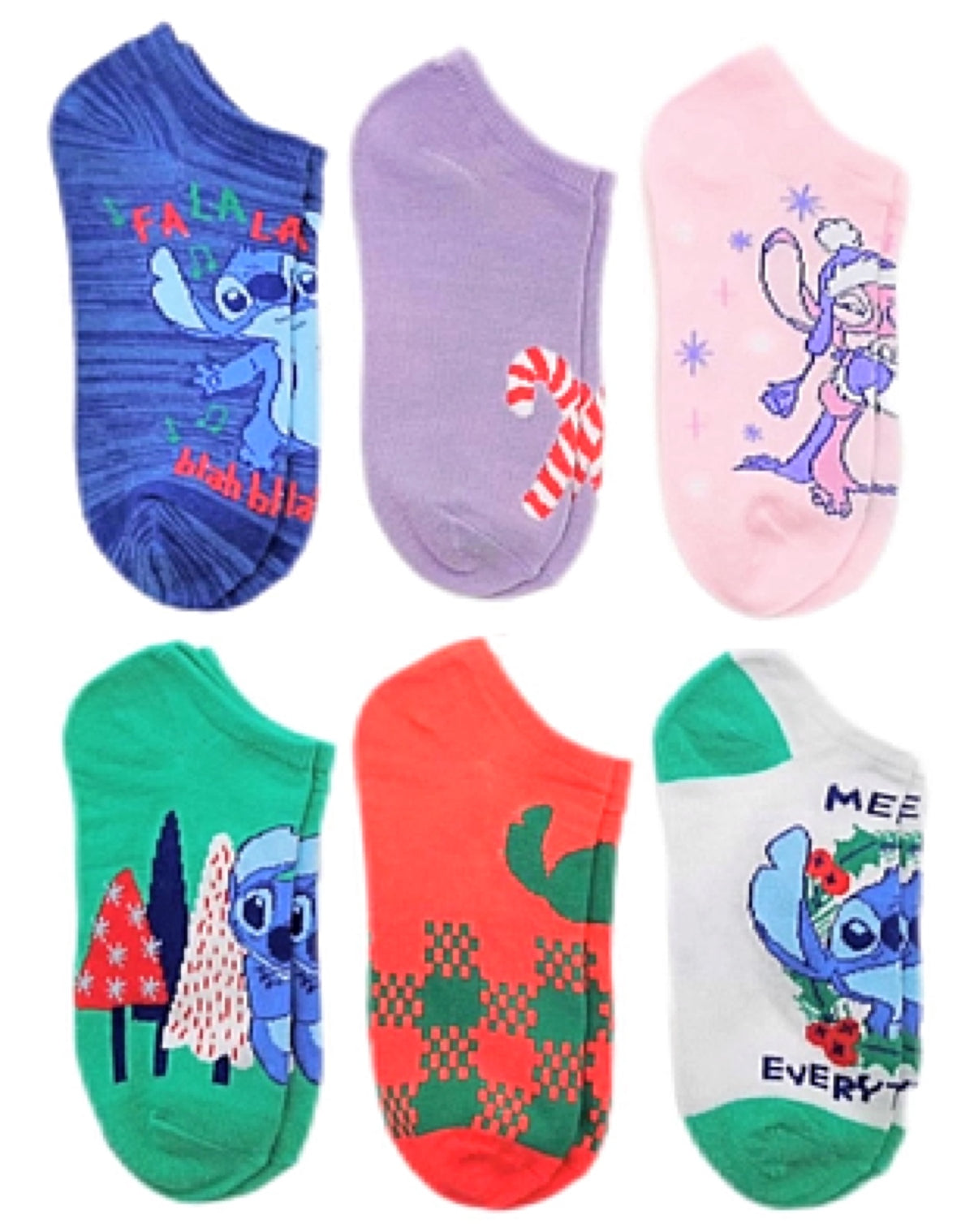 DISNEY LILO & STITCH Ladies CHRISTMAS 6 Pair Of No Show Socks ‘MERRY EVERYTHING’ - Novelty Socks And Slippers