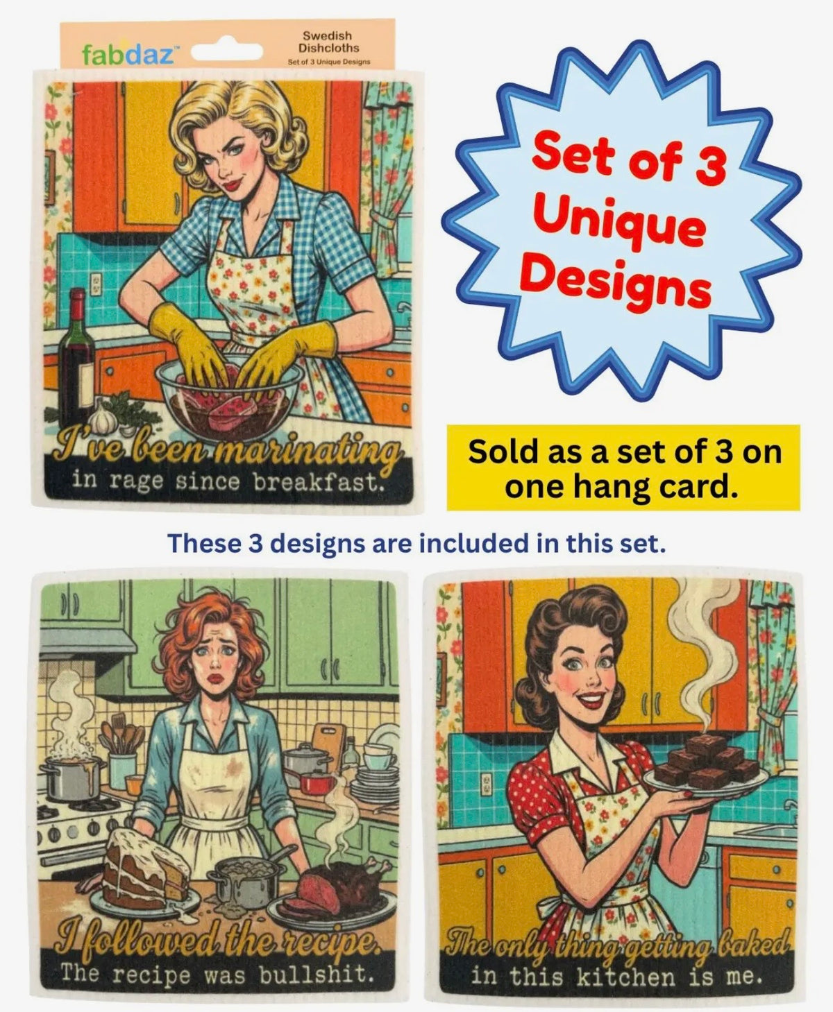 COOKING RETRO WIFE Set Of 3 SASSY Swedish Dishcloths ‘I Followed The Recipe. The Recipe Was Bullshit.