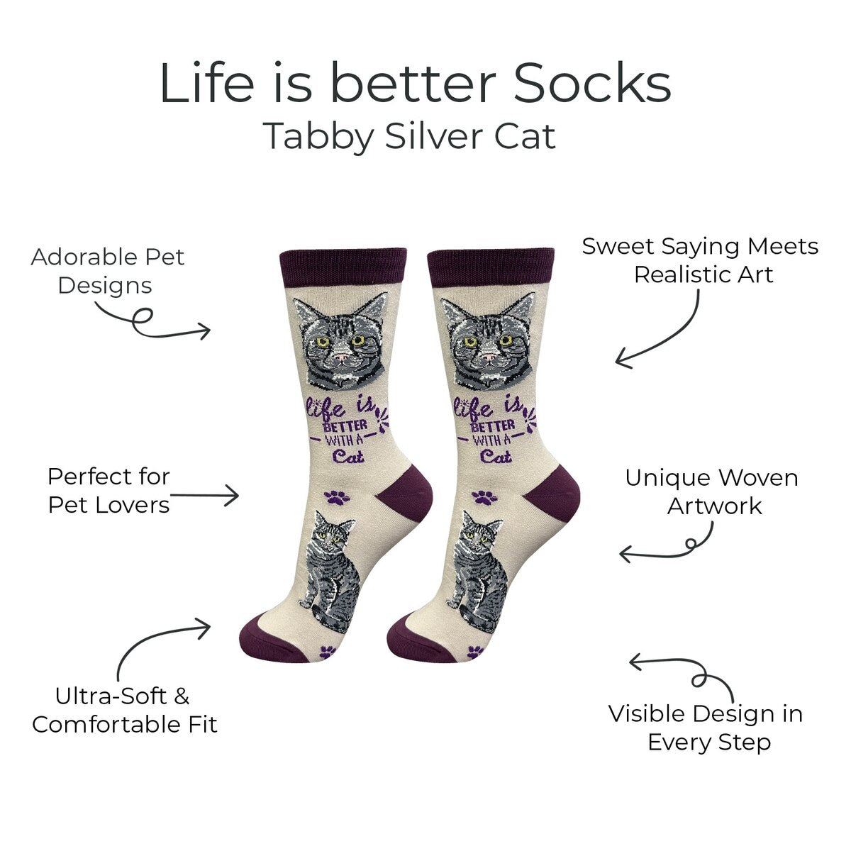 SILVER GRAY TABBY CAT Adult Unisex Socks By E&S Pets Choose Style
