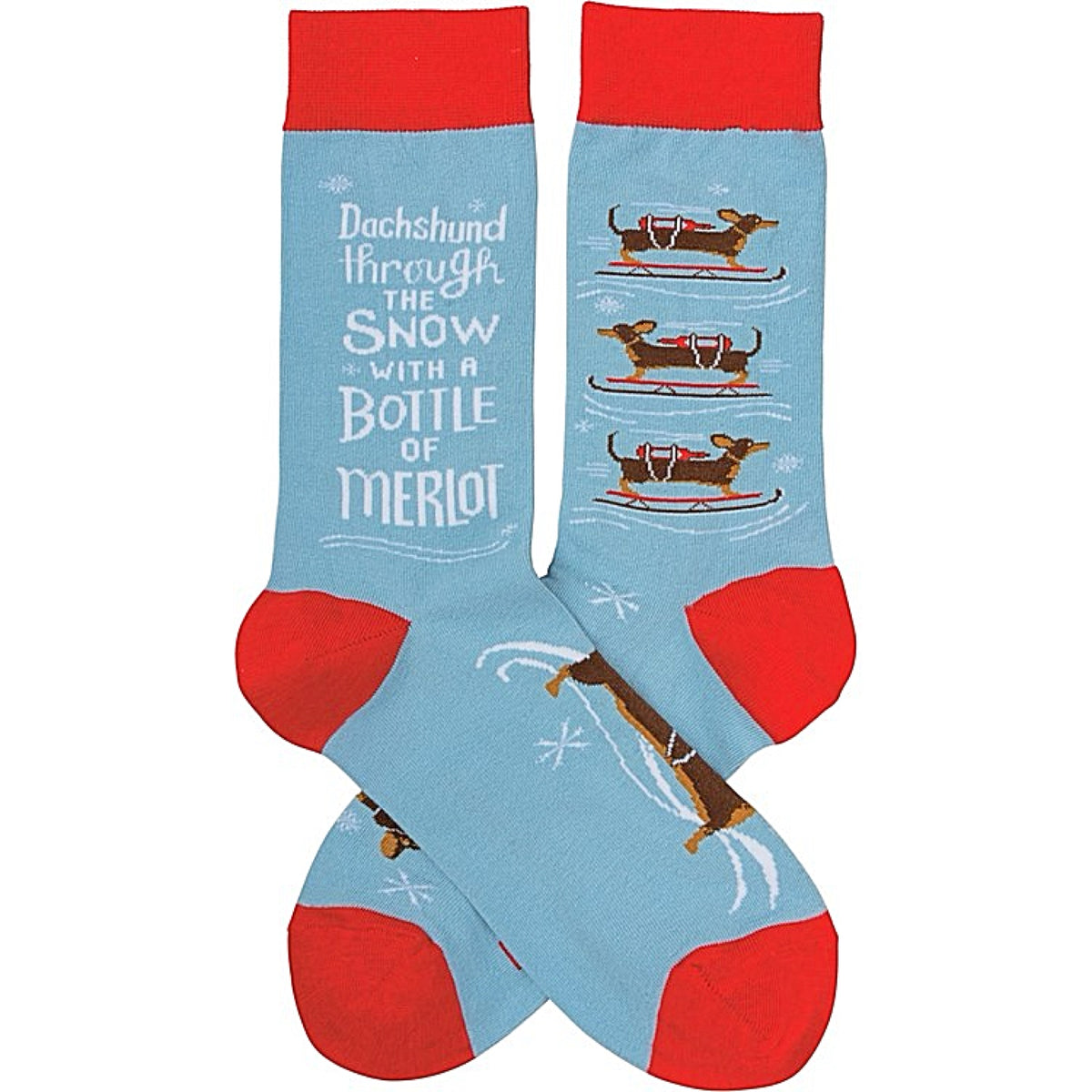 PRIMITIVES BY KATHY Unisex CHRISTMAS Socks ‘DACHSHUND THROUGH THE SNOW WITH A BOTTLE OF MERLOT’ - Novelty Socks for Less