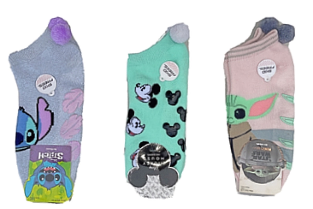 DISNEY Ladies GRIPPER BOTTOM POM POM SOCKS CHOOSE YODA, MICKEY OR STITCH - Novelty Socks for Less