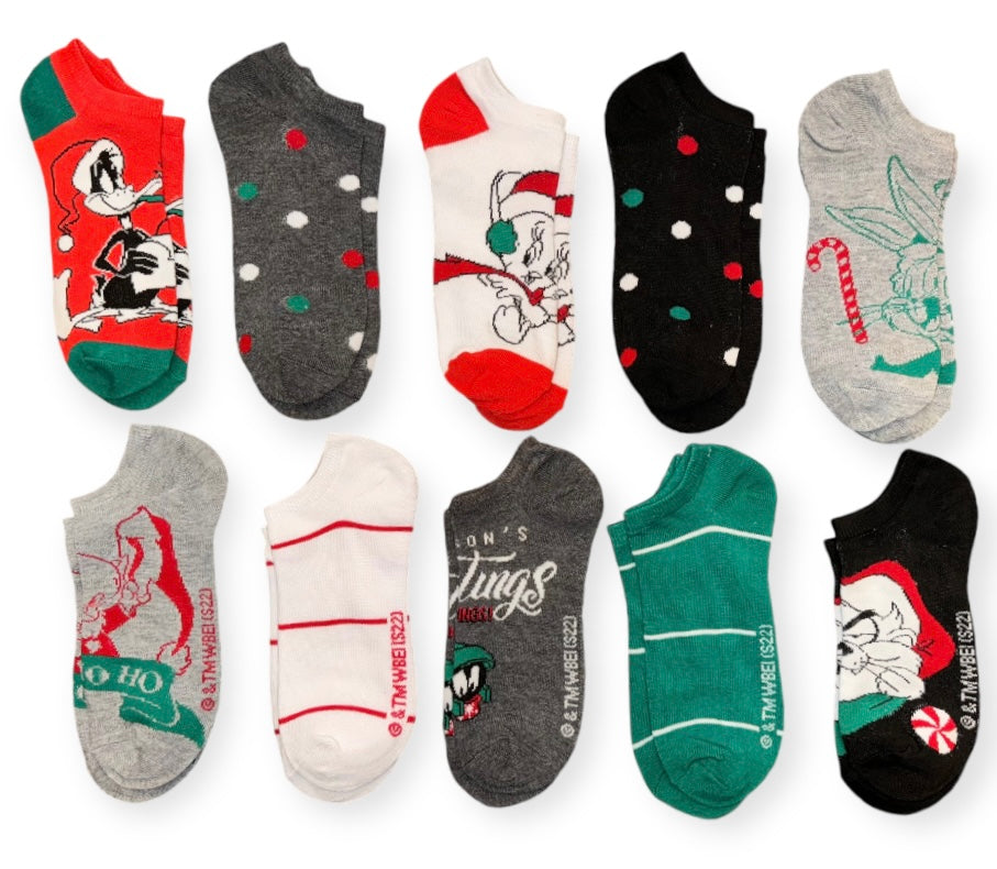 LOONEY TUNES LADIES CHRISTMAS 10 PAIR OF LOW SHOW SOCKS PORKY PIG, TAZ, TWEETY - Novelty Socks And Slippers