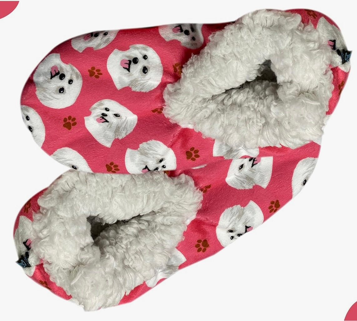 COMFIES BRAND Ladies MALTESE DOG NON-SKID SLIPPERS - Novelty Socks And Slippers