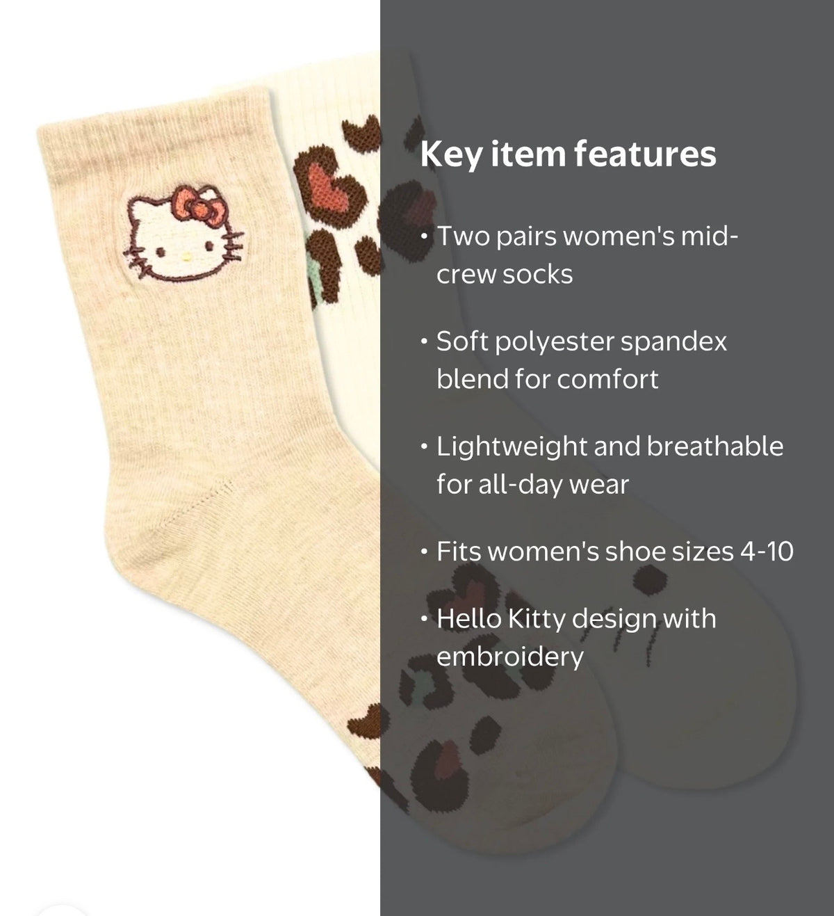 HELLO KITTY Ladies 2 Pair Of Crew Socks Animal Print