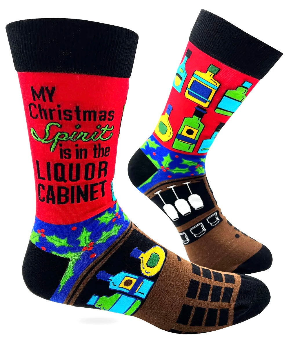 FABDAZ Brand Men’s CHRISTMAS Socks ‘MY CHRISTMAS SPIRIT IS IN THE LIQUOR CABINET’ - Novelty Socks And Slippers