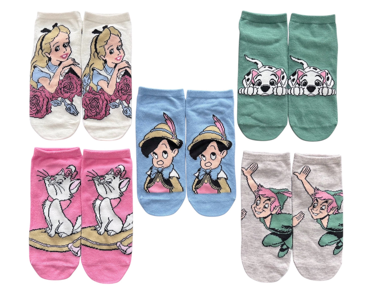 DISNEY CLASSICS Ladies 5 Pair Of No Show Socks PINOCCHIO, PETER PAN, ALICE IN WONDERLAND - Novelty Socks And Slippers