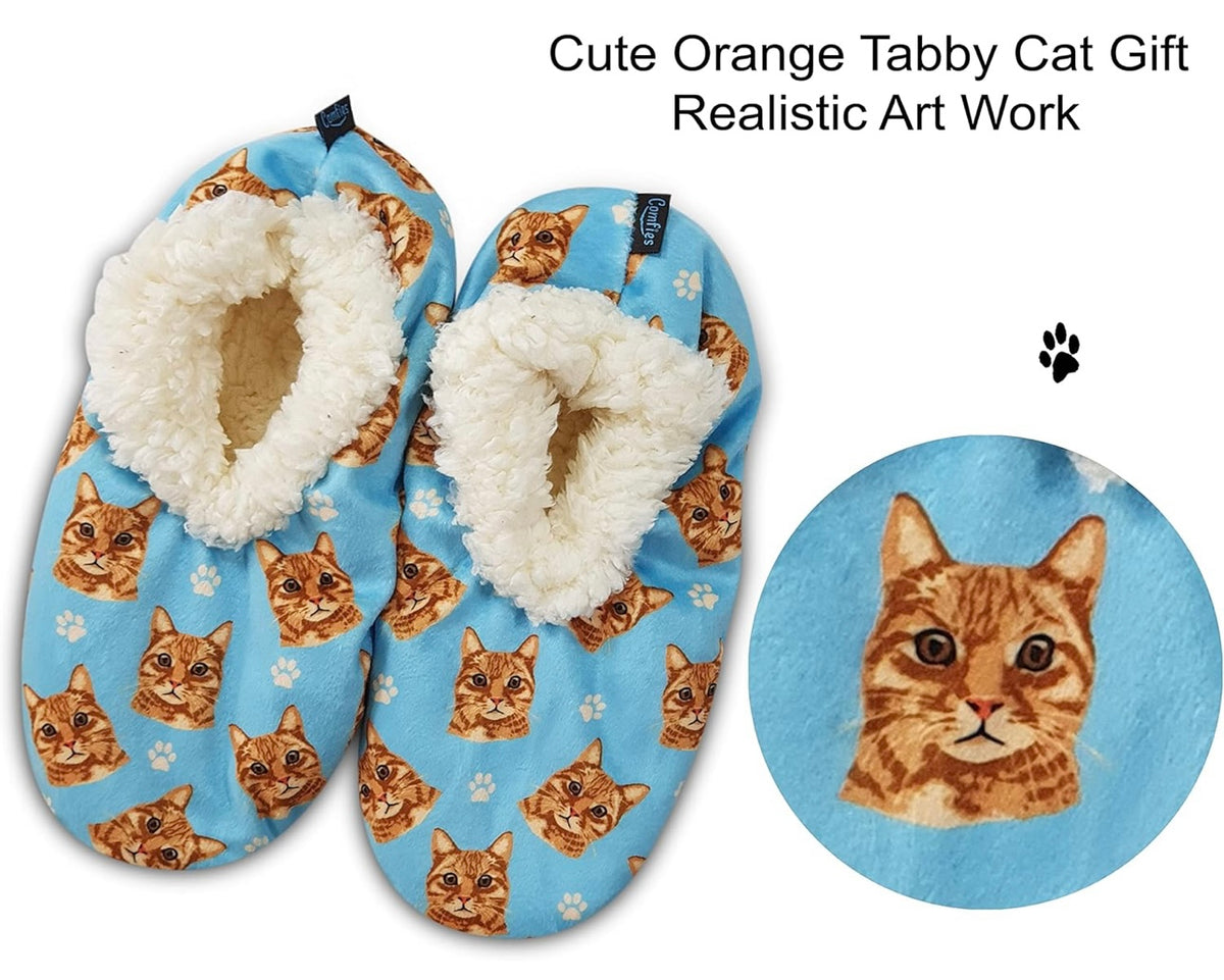 COMFIES BRAND Ladies TABBY CAT (ORANGE) Non-Skid SLIPPERS - Novelty Socks And Slippers