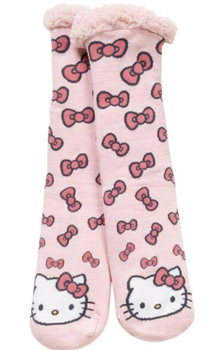SANRIO HELLO KITTY Ladies Sherpa Lined Gripper Bottom Slipper Socks With Hello Kitty Bows All Over - Novelty Socks And Slippers