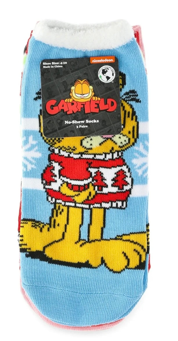 GARFIELD & ODIE Ladies Christmas 3 Pair Of No Show Socks - Novelty Socks And Slippers