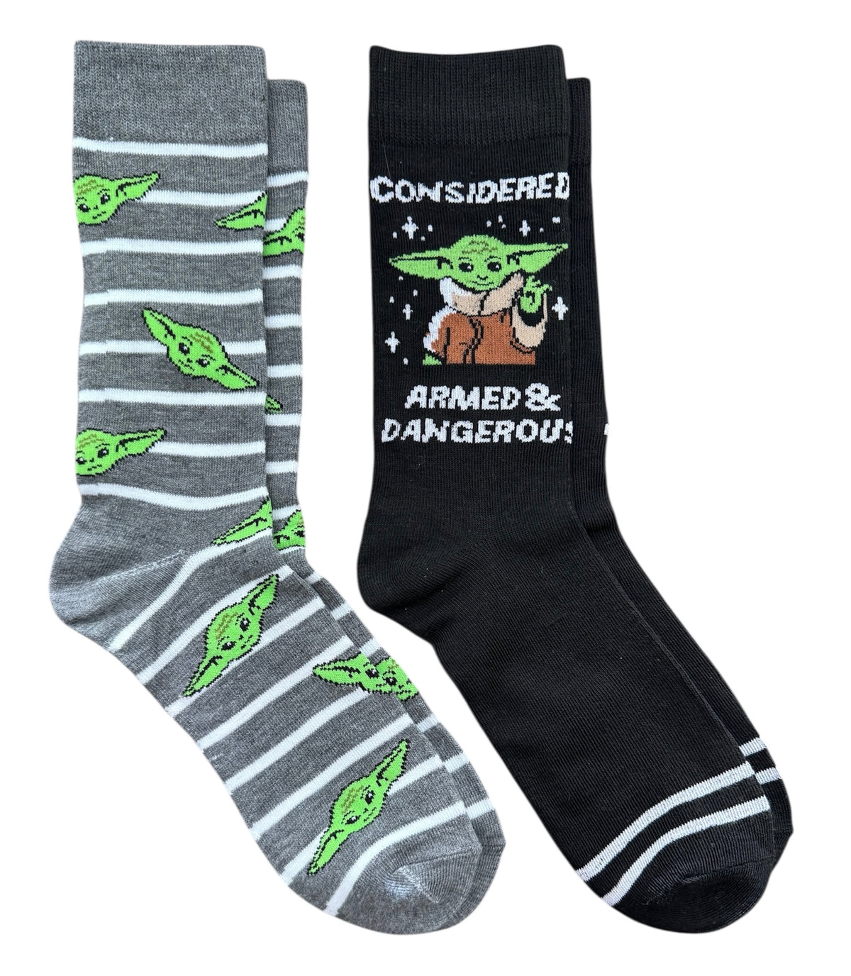 STAR WARS THE MANDALORIAN MEN’S 2 PAIR OF SOCKS BABY YODA ‘CONSIDERED ARMED & DANGEROUS’ - Novelty Socks And Slippers
