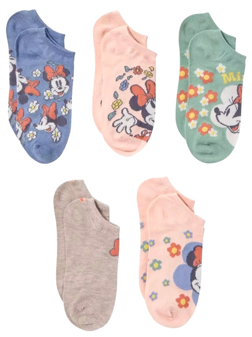 DISNEY Ladies MINNIE MOUSE 5 Pair Of No Show Socks With FLOWERS & BOWS - Novelty Socks And Slippers